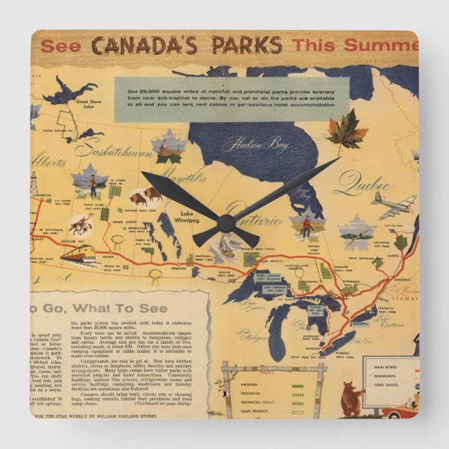 Relógio Quadrado Mapa do Canadá - Parques do Canadá (Frente)