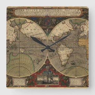 Relógio Quadrado Mapa do mundo 1595 do vintage por Jodocus Hondius