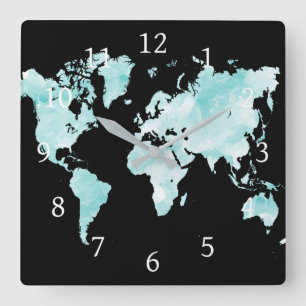 Relógio Quadrado Mapa do mundo preto do azul do aqua do design 72