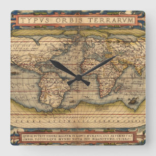 Relógio Quadrado Mapa do Mundo Vintage de Abraham Ortelius 1564