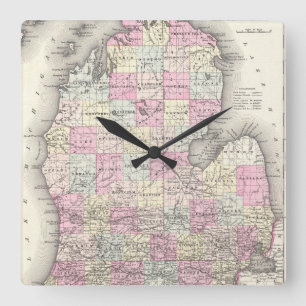 Relógio Quadrado Mapa do vintage de Michigan (1855)