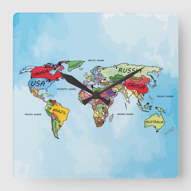 Relógio Quadrado Mapa Mundial (Frente)