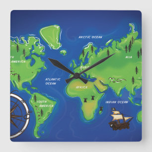 Relógio Quadrado Mapa Mundial