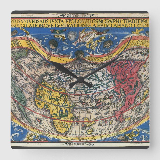 Relógio Quadrado Mapa Mundial Anti-Cardíaco de Peter Apian 1520 (Frente)