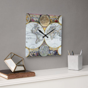 Relógio Quadrado Mapa Mundial Antigo, Atlas Maritimus de John Selle
