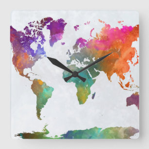Relógio Quadrado Mapa Mundial Da Aquarela