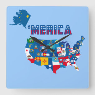 Relógio Quadrado Mapa patriótico de América com o pulso de dispar