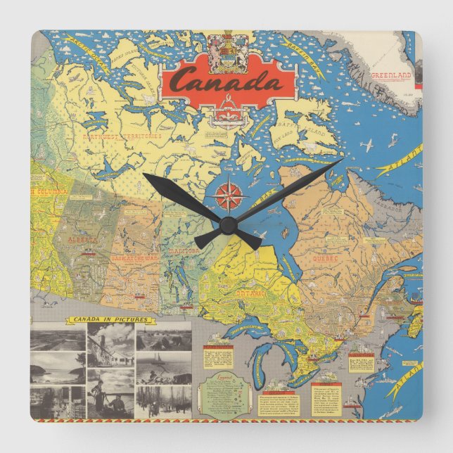 Relógio Quadrado Mapa pictórico de Canadá - marcos (Frente)