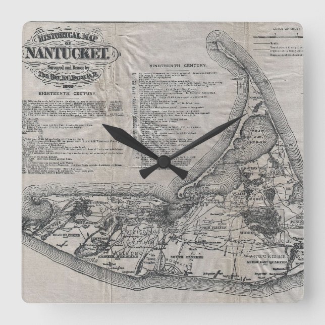 Relógio Quadrado Mapa Vintage do Nantucket (Frente)