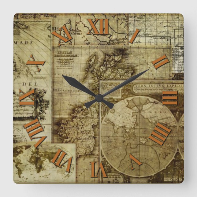 Relógio Quadrado Mapas antigos do mundo antigo e antigos (Frente)