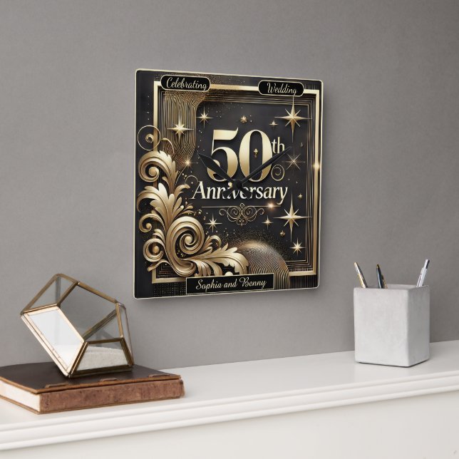 Relógio Quadrado Marco Dourado: Tributo de 50º Aniversário (Escritório)