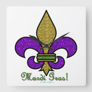 Relógio Quadrado Mardi Gras Colorido Fleur De Lis