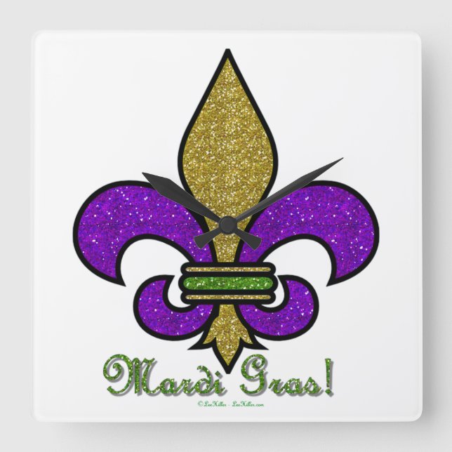 Relógio Quadrado Mardi Gras Colorido Fleur De Lis (Frente)