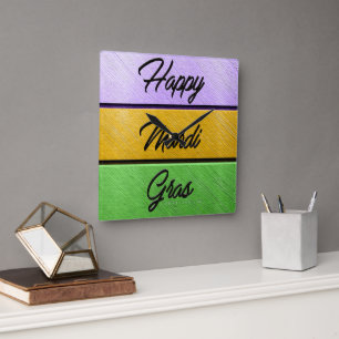 Relógio Quadrado Mardi Gras roxo de ouro verde s