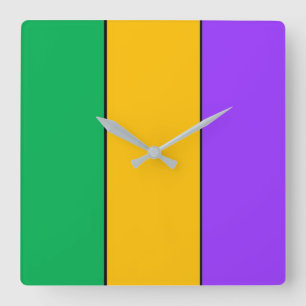 Relógio Quadrado Mardi Gras Stripes Padrões Amarelo Verde Púrpura