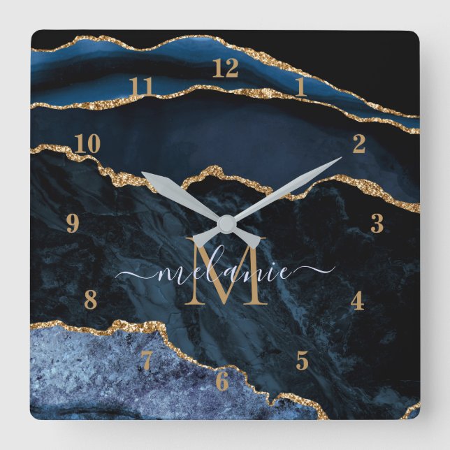 Relógio Quadrado Marinho Azul Dourado mármore - letra personalizada (Frente)