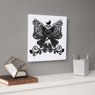 Relógio Quadrado Mariposa Luna Mística Arte de Inseto Gótico Cele