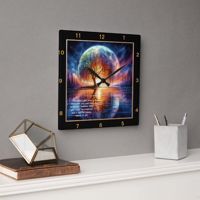 Relógio Quadrado Mark 11:24 Horário de Oração: Escritura Personaliz (Escritório)