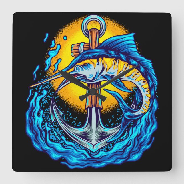 Relógio Quadrado Marlin Fish com Âncora (Frente)