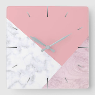 Relógio Quadrado Mármore branco do rosa pastel do pintinho elegant