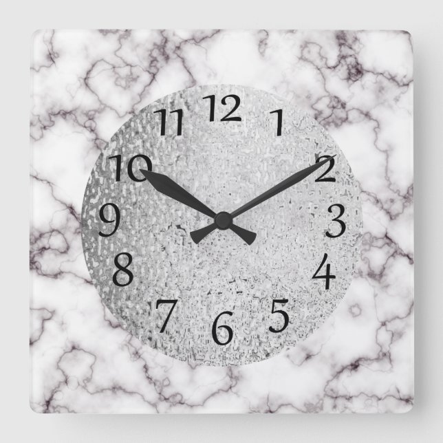 Relógio Quadrado Mármore Branco Elegante e Cinza com Prata (Frente)
