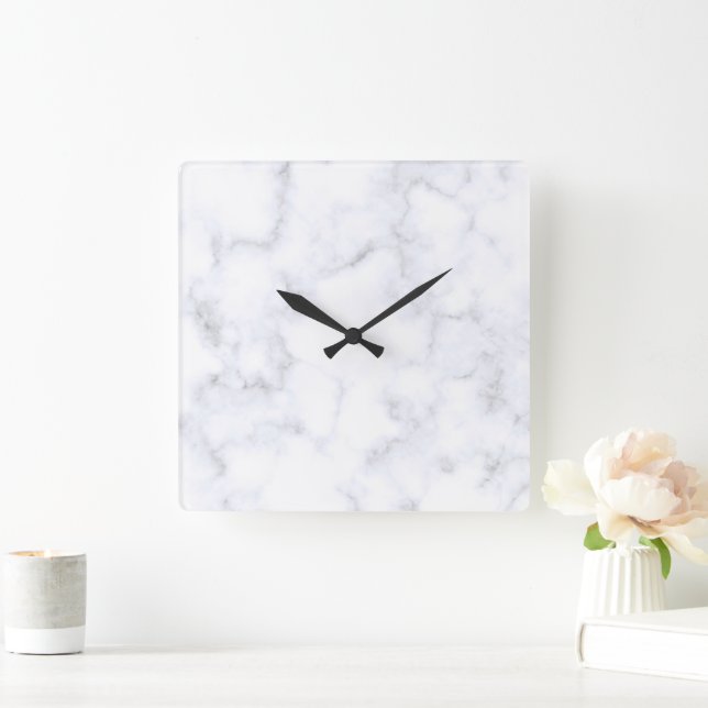 Relógio Quadrado Mármore Branco Moderno Elegante (Lar)