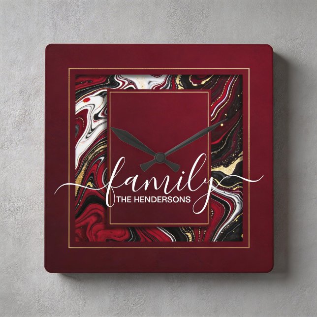 Relógio Quadrado mármore dourado burgundy personalizado (Criador carregado)