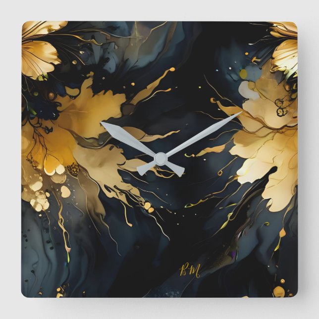 Relógio Quadrado mármore preto de ouro abstrato da Trendy (Frente)