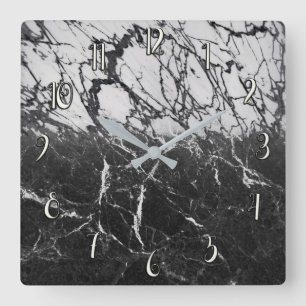 Relógio Quadrado Mármore Preto e Branco Glam Moderno Tendência