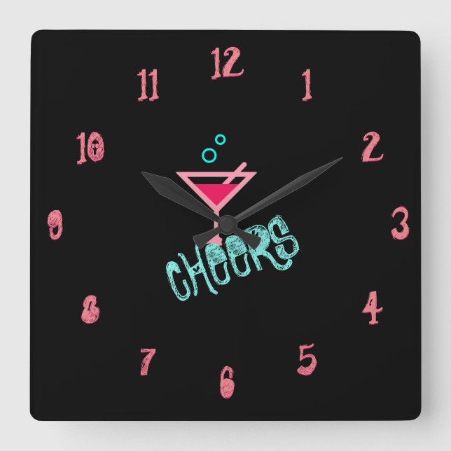 Relógio Quadrado Martini - Arte de Pop, Rosa e Turquesa com Álcool (Frente)