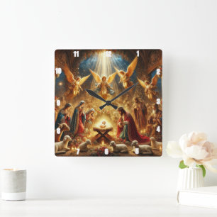 Relógio Quadrado Mary e Joseph amando o bebê Jesus