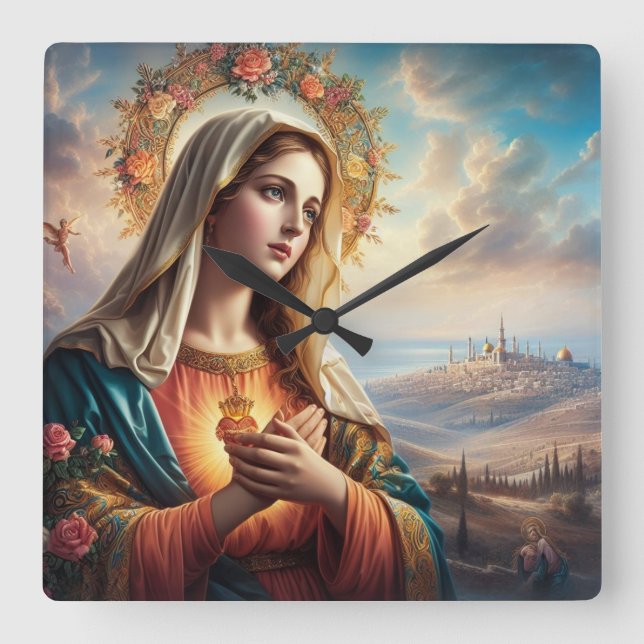 Relógio Quadrado Mary Virgin Jesus (Frente)