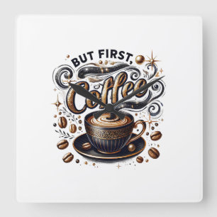 Relógio Quadrado Mas Primeira Arte do Café - Design Na moda Dourado