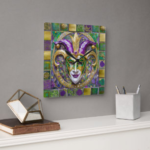 Relógio Quadrado Máscara de Jester do Mardi Gras Roxa Verde Dourada