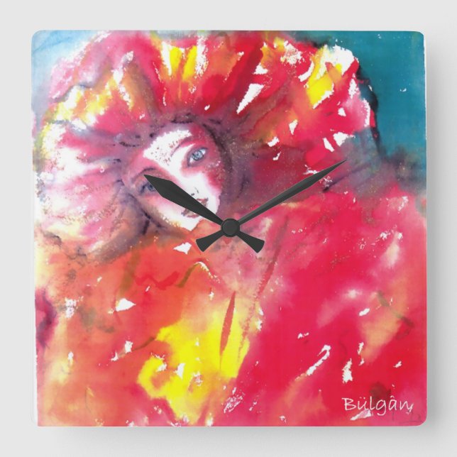 Relógio Quadrado MÁSCARA EM VERMELHO / Esfera de Mascarada Veneza,  (Frente)