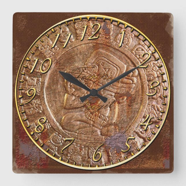 Relógio Quadrado Mayan fez gravações de metal asteca mexicana (Frente)