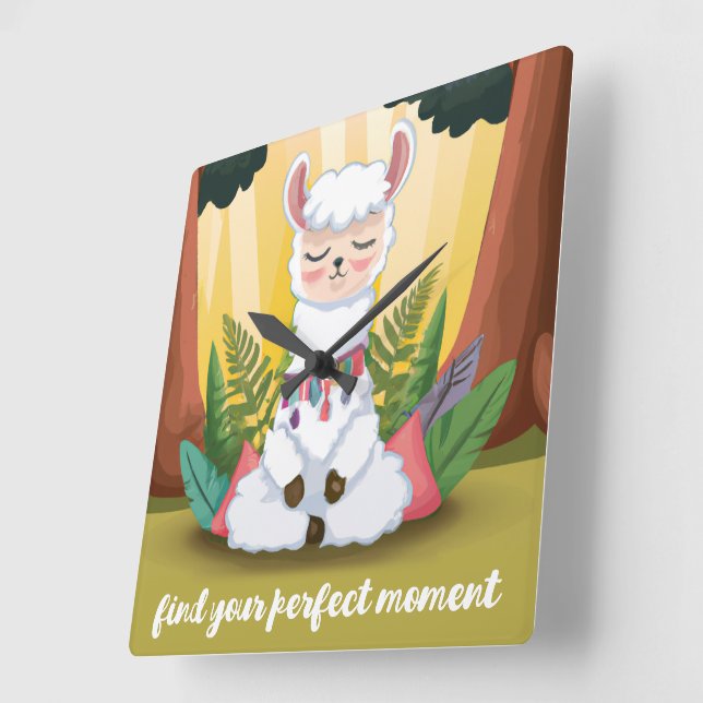 Relógio Quadrado Meditação Cute Llama em Floresta Mágica (Ângulo)