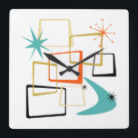 Relógio Quadrado Meio século de Starburst de Boomerang em Plares At<br><div class="desc">Adicione essa mistura de diversão e cor à sua parede com este fabuloso relógio de parede quadrado meio século atômico! Este design apresenta quadrados abstrato,  estereótipos e um bumerangue nas cores laranja,  turquesa,  creme,  ouro e preto... tão engraçado!</div>