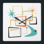 Relógio Quadrado Meio século de Starburst de Boomerang em Plares At<br><div class="desc">Adicione essa mistura de diversão e cor à sua parede com este fabuloso relógio de parede quadrado meio século atômico! Este design apresenta quadrados abstrato,  estereótipos e um bumerangue nas cores laranja,  turquesa,  creme,  ouro e preto... tão engraçado!</div>
