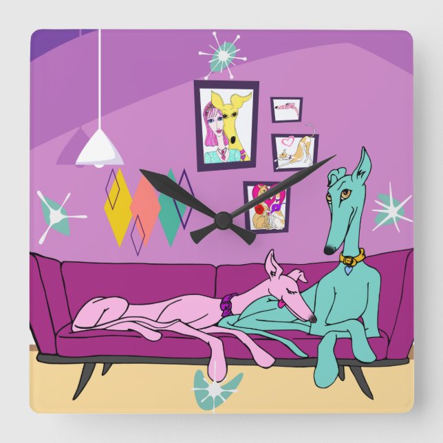 Relógio Quadrado Meio século Modern Greyhound Art (Frente)