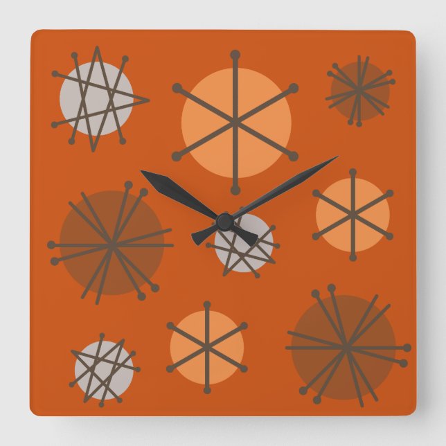 Relógio Quadrado Meio século Modern Starbursts Queimados Laranja (Frente)