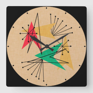 Relógio Quadrado Meio século Moderno de Setas Atômicas e Starbursts