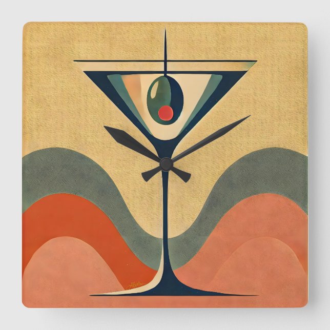 Relógio Quadrado Meio século moderno "pimento azeitona martini wave (Frente)
