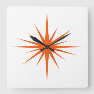 Relógio Quadrado Meio século Orange Atomic Starburst Modern
