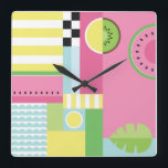 Relógio Quadrado Melancia, kiwi, padrão colorido de verão<br><div class="desc">Design de fruta de verão colorida,  melancia,  rosa kiwi,  verde,  amarelo,  azul,  cores brilhantes,  pop de arte</div>