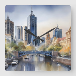 Relógio Quadrado Melbourne watercolor art
