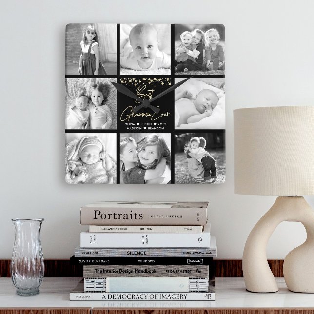 Relógio Quadrado Melhor Glamma Ever 8 Fotocolagem Dourada Glitter C (Criador carregado)