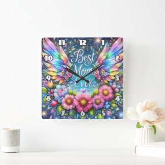 Relógio Quadrado Melhor Mãe: Anjo Wings, Homenagem Floral