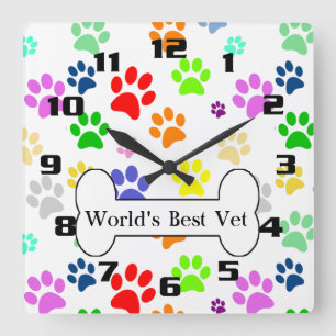 Relógio Quadrado melhor veterinário do mundo Colorful Pet Paws