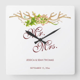 Relógio Quadrado Memória de Casamento com Galhadas Rústicas e Flore